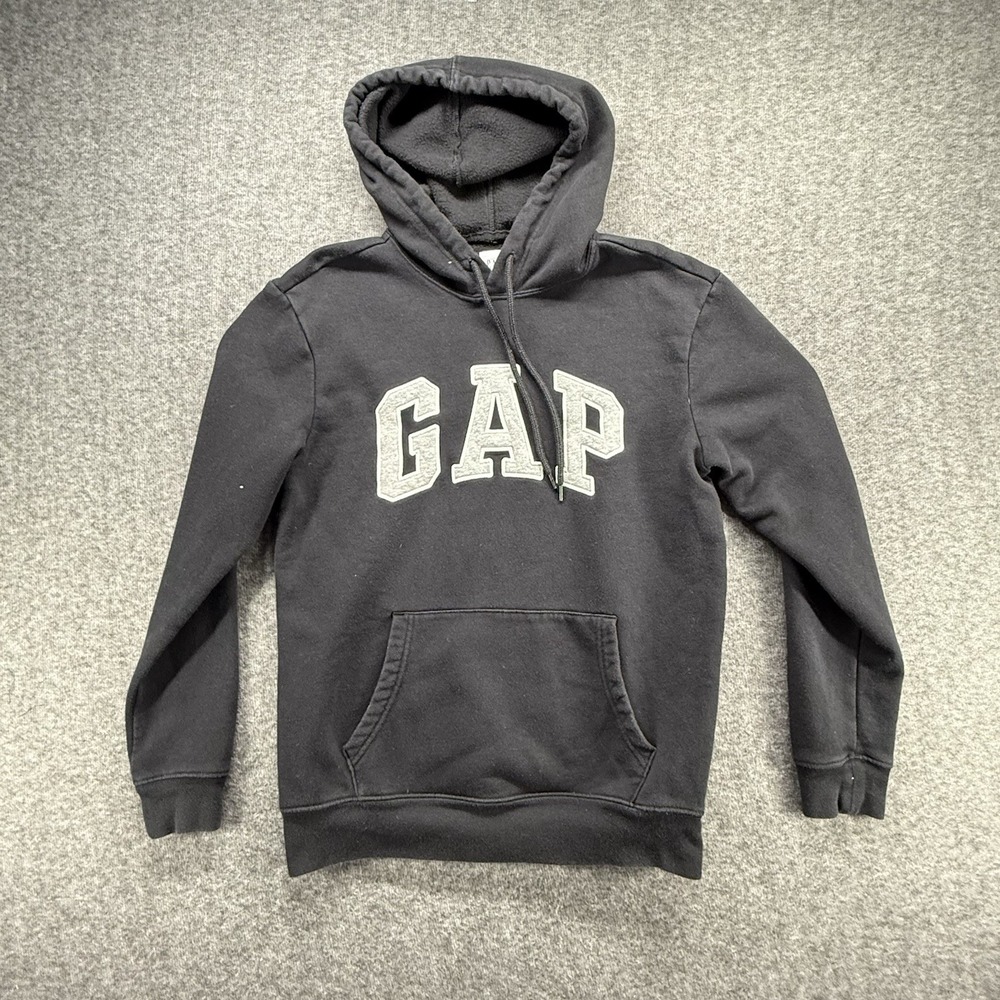 GAP Hoodie Boys XS Black Pullover Sweatshirt Fleece Logo Kangaroo Pocket Casual